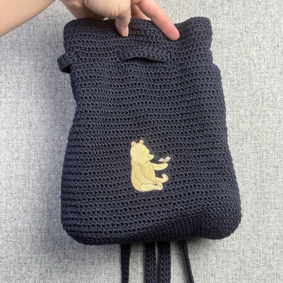 Disney Handbags - Vintage 90s Y2K  Disney Winnie Pooh Navy Blue Crochet  Backback Cinch Closure‎